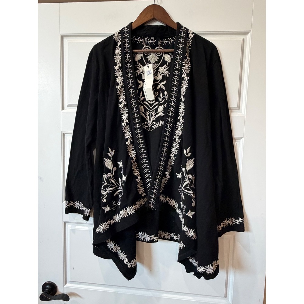 Paparazzi Black Cardigan Embroidered Waterfall Open Front Large Boho Festival